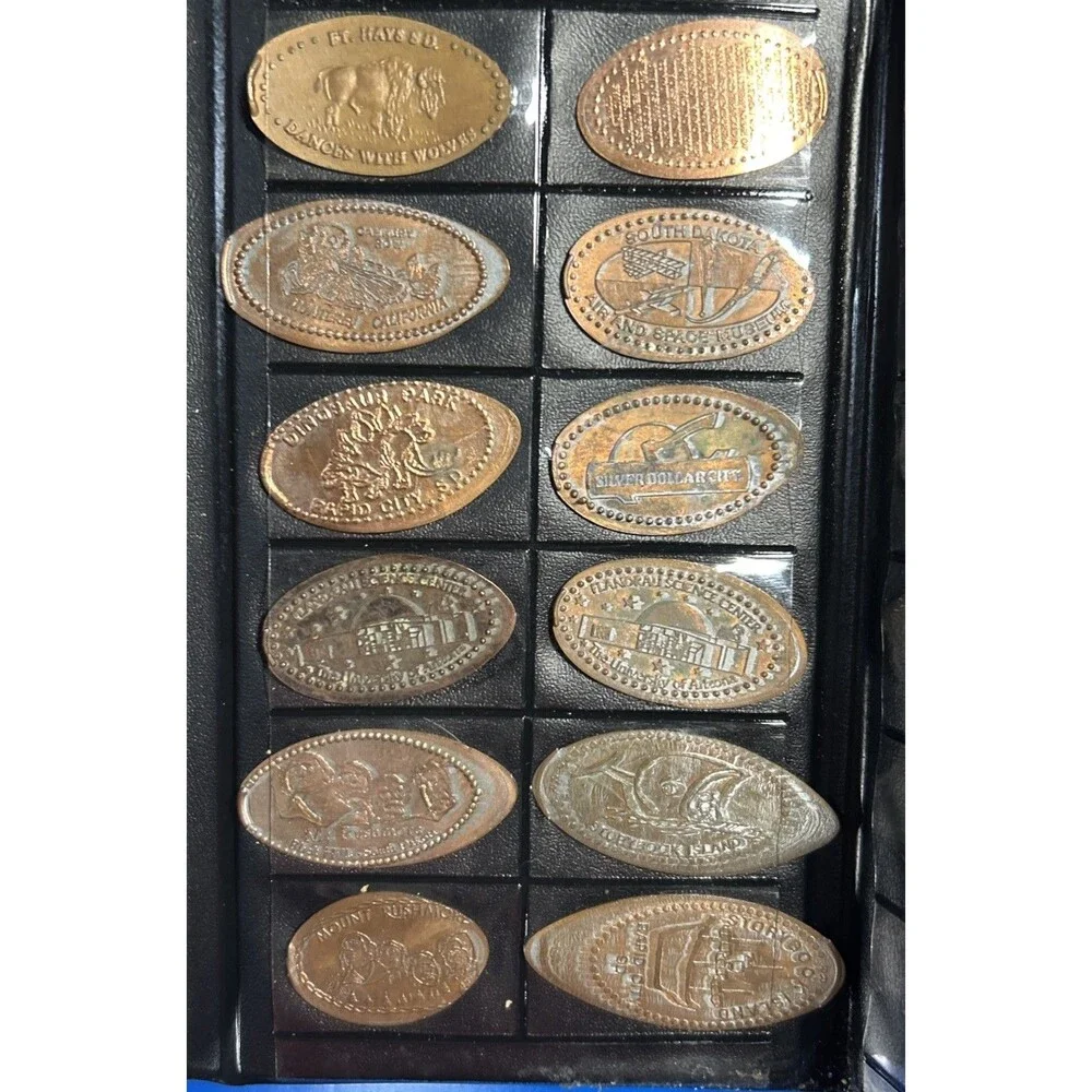 Old Penny Passport Book w/20 Elongated Cents Souvenirs,Black Hills,Dinosaurs +